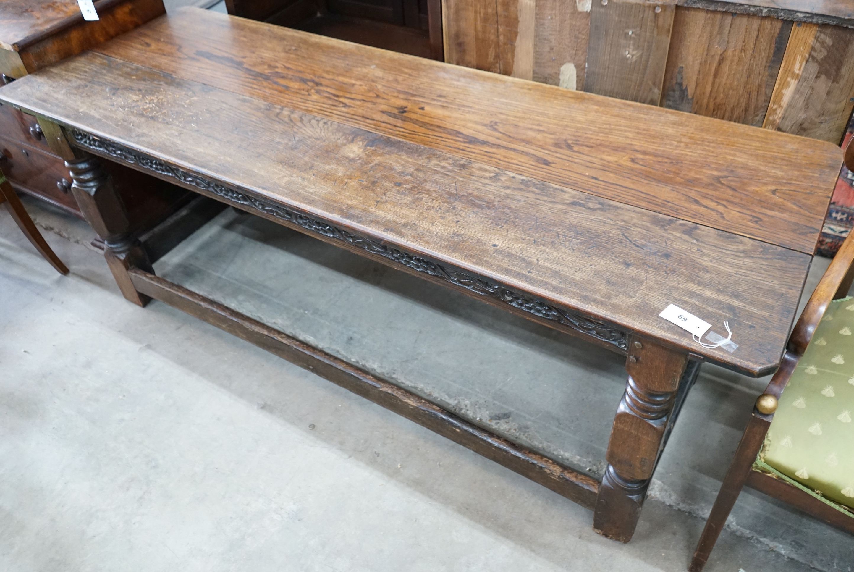 A rectangular planked refectory type dining table, length 190cm, depth 66cm, height 71cm